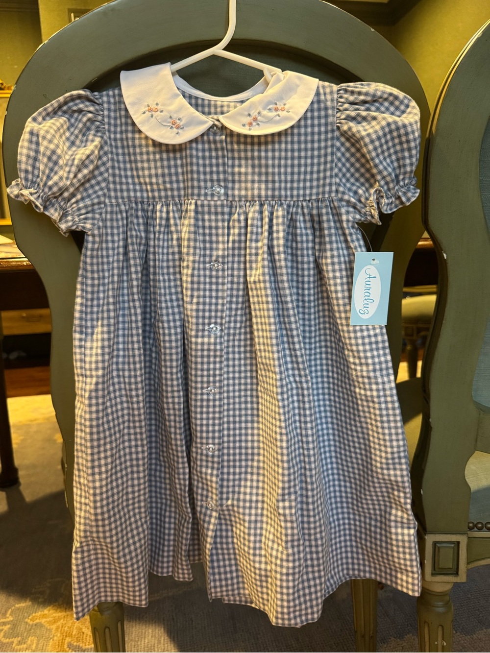 French Blue / Peach Pink Gingham Peter Pan Collar Girls Dress